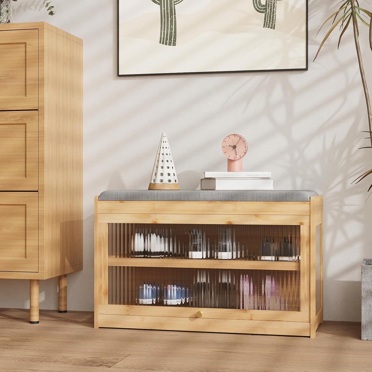Bamboo Shoe Bench - Removable Cushion & Hidden Storage Compartment - Home Haven