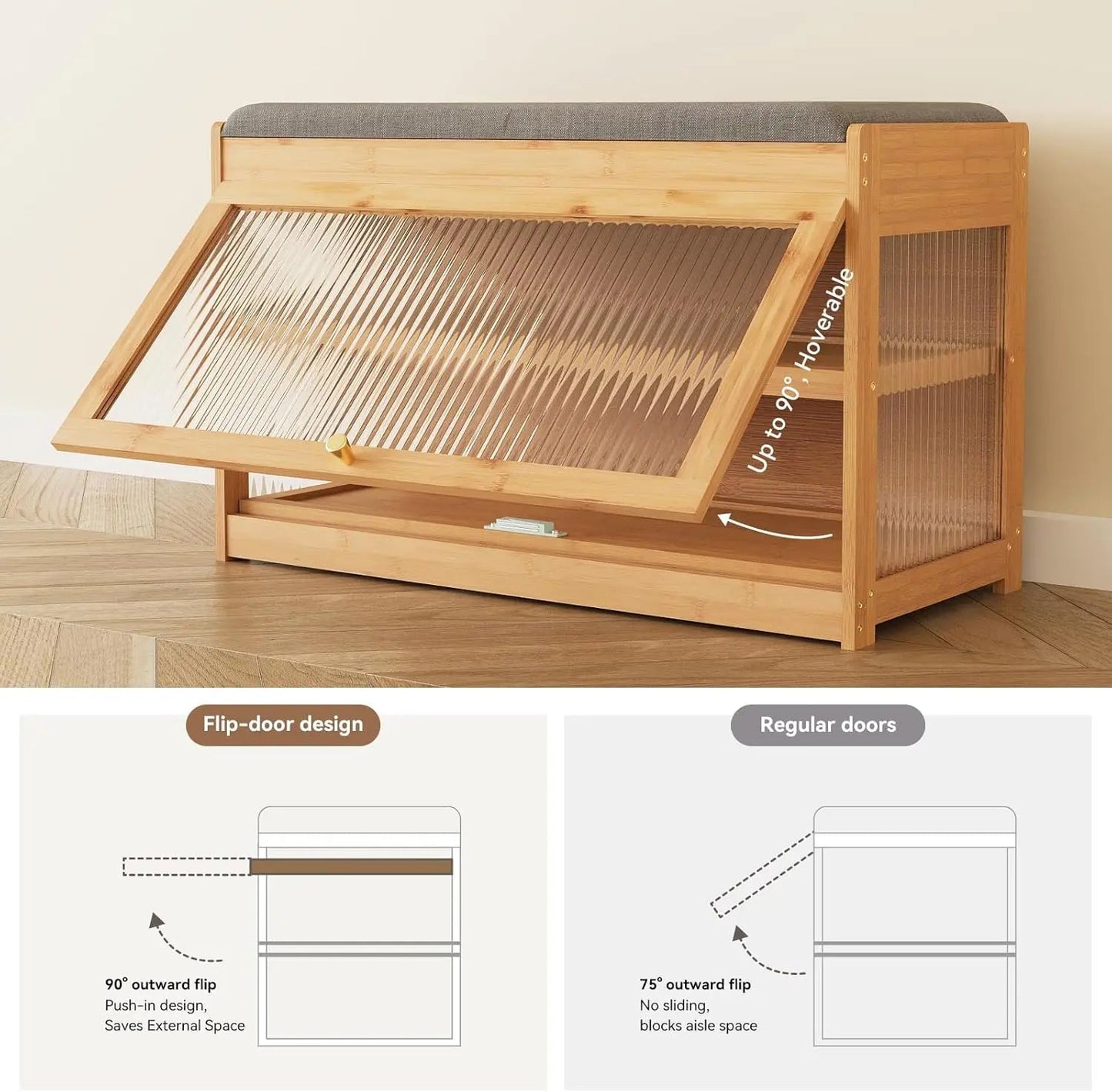 Bamboo Shoe Bench - Removable Cushion & Hidden Storage Compartment - Home Haven