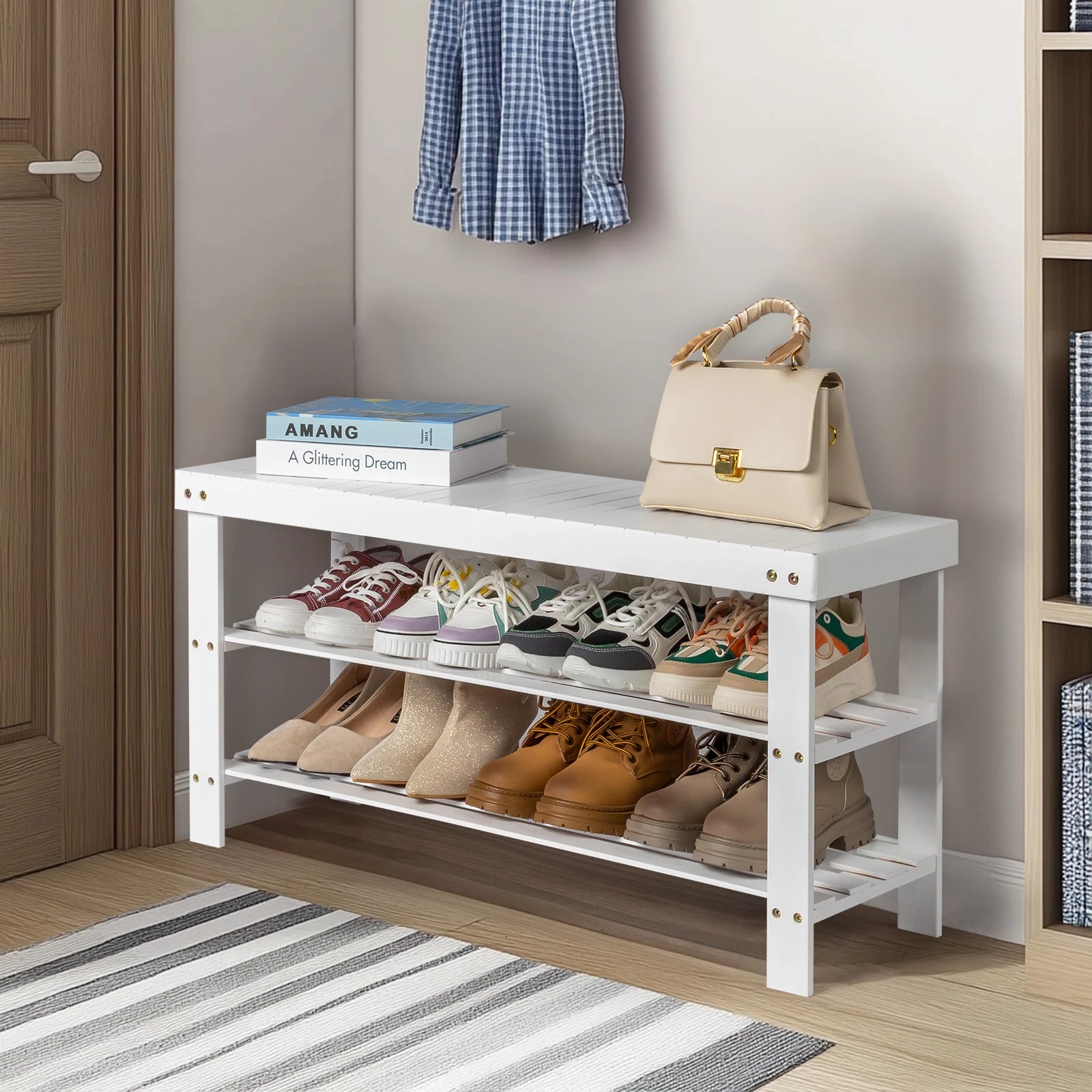 Bamboo Shoe Rack 3 - Tier Rack & Bench - Home Haven